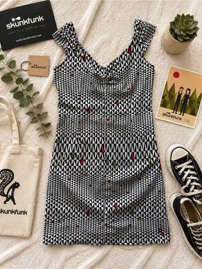 Skunkfunk Geometric Print Linen Blend Sheath Dress Size 3 Black White